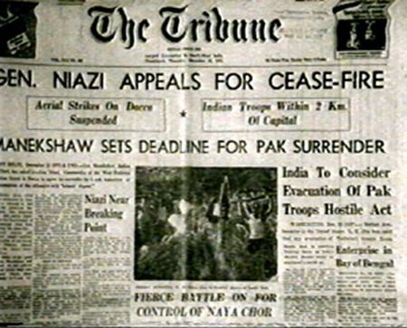 The Tribune announcing Niazi's appeal for surrender. Niazi's surrender with 1,00,000 soldiers, was the largest surrender received by any general in 20th century. (Picture courtesy - bangladesh-tour.blogspot.com). Click for larger image.