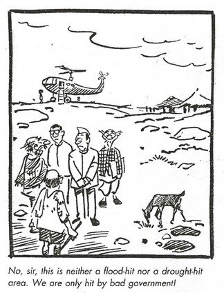 At least in the 60s and the 70s, India was long on promise and short on performance. To imply now that the British Raj was better? Cartoon by RK Laxman. Click for larger image.