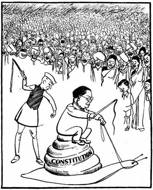 Even though some reports suggest that this was a 1950's cartoon, it was probably before January 26th 1950, when the Indian Constitution was adopted by the Indian Constituent Assembly. ToI suggests that this was a 1948 cartoon.  |  Copyright - Children's Book Trust; source and courtesy - outlookindia.com  |  Click for source image.