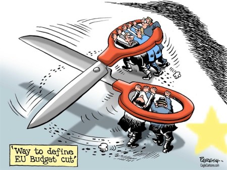 Compared the colossal debt that Britain is carrying, the EU budget is smaller issue.  |  Cartoon on  EU Budget cut row by Paresh Nath, The Khaleej Times, UAE  -  11/4/2012 12:00:00 AM; source & courtesy - caglecartoons.com